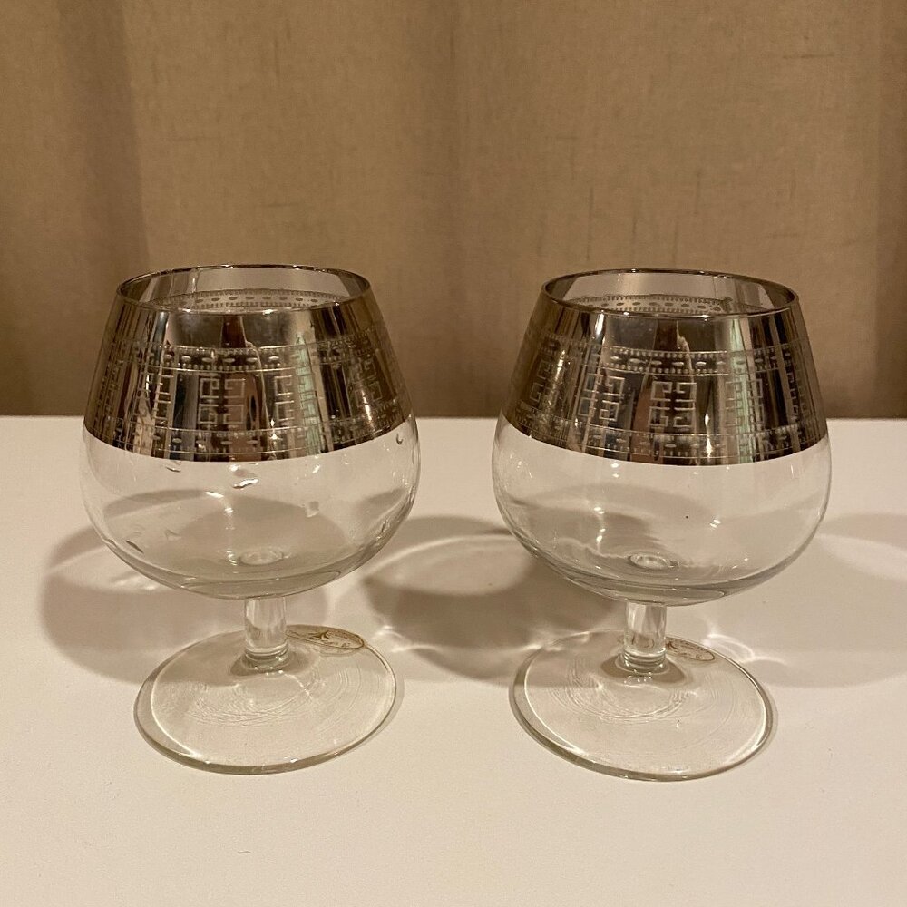 Vintage Preziosi Crystal Glasses w/ Silver Rim‎ Greek Key Murano Medici Italy